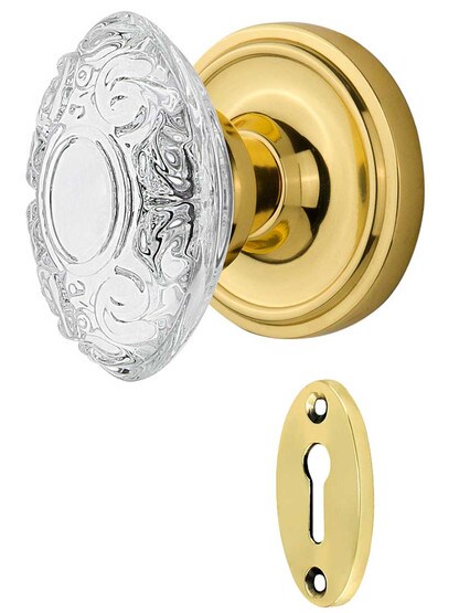 Classic Rosette Mortise-Lock Set with Victorian Crystal-Glass Knobs in Polished Brass.